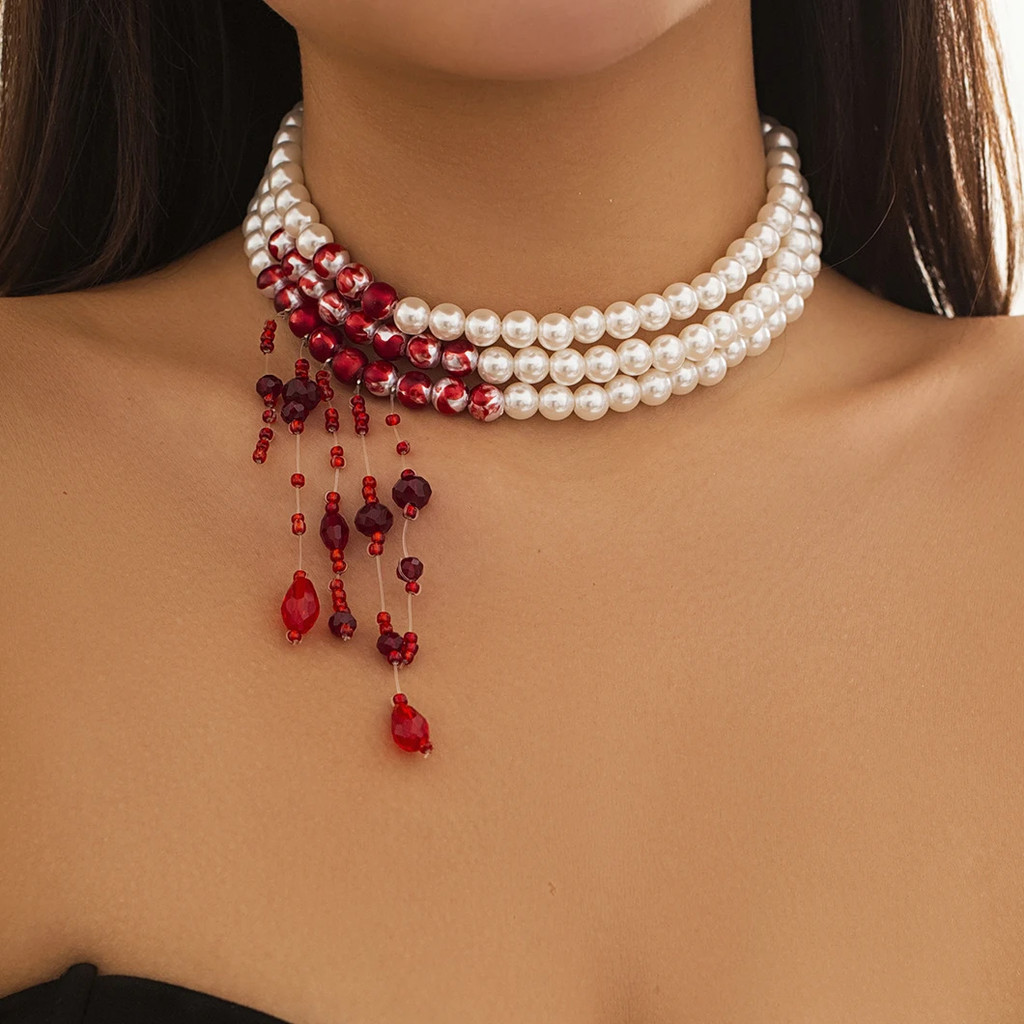 Colar com padrão de sangue vermelho, pingente de cristal e pérola, colar de várias camadas, colar gótico, acessório para