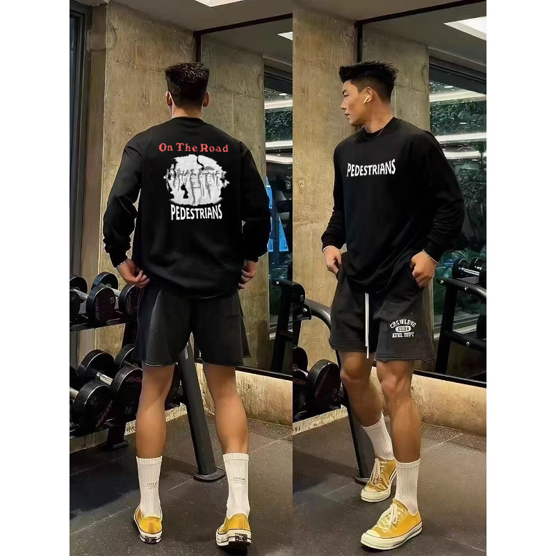 Estilo americano rua Graffiti carta impressão Design de manga comprida camiseta masculina primavera outono puro algodão 