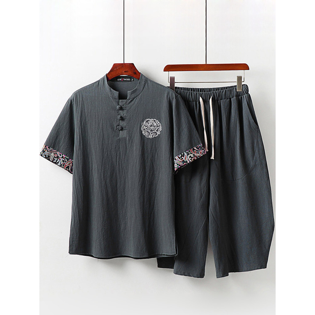 Estilo chinês algodão linho terno masculino verão pai usar camiseta de manga curta Shorts de cinco pontos linho masculin