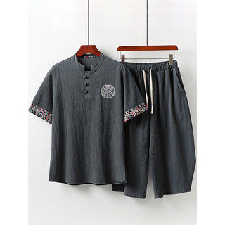 Estilo chinês algodão linho terno masculino verão pai usar camiseta de manga curta Shorts de cinco pontos linho masculin