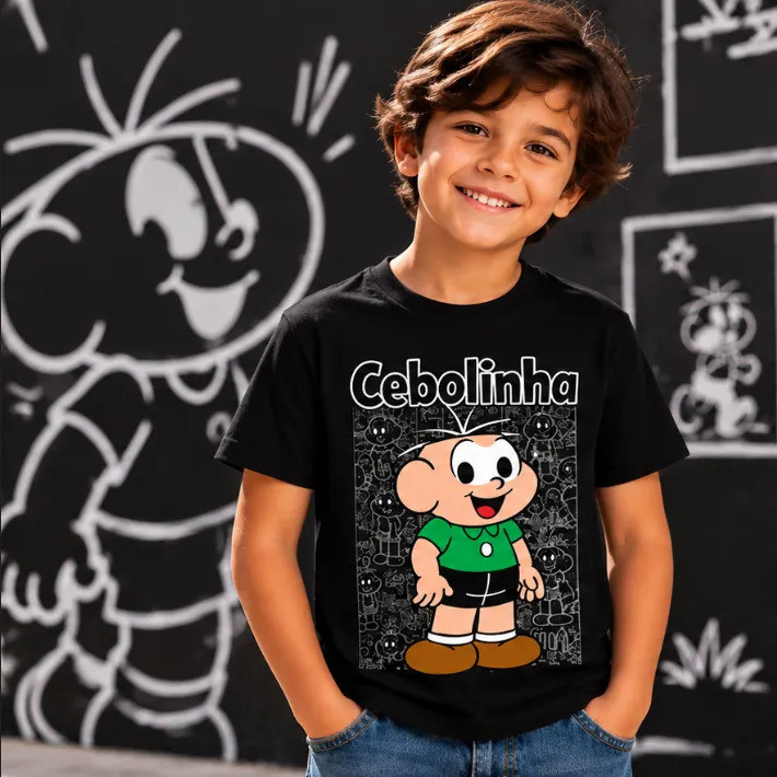 Camiseta Infantil Cebolinha Algodão Manga Curta Macia Roupa Infantil Casual Personagem Gibi Estampa Divertida