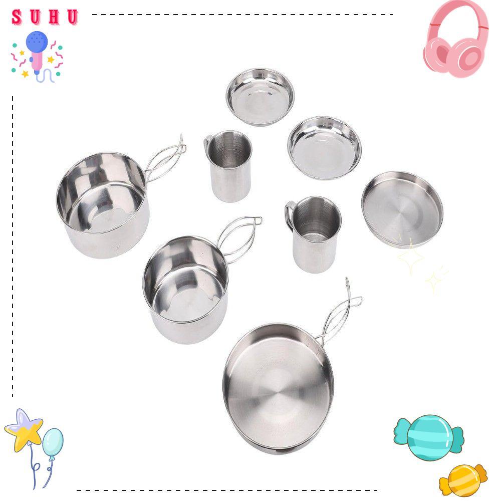 Conjunto De Panelas De 8 Peças , Kit De Bagunça De Acampamento Empilhável Para 3-4 Pessoas , Panela De Cozinha De Mochil
