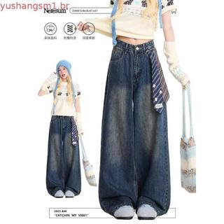 jeans De Perna Reta Com Gravata vintage Azul Escuro Para Mulheres , Calças Compridas Casuais Soltas De Pernas Largas