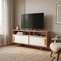 Rack para TV até 65 Polegadas 150cm 2 Portas de Correr Pé Palito Off White Freijó