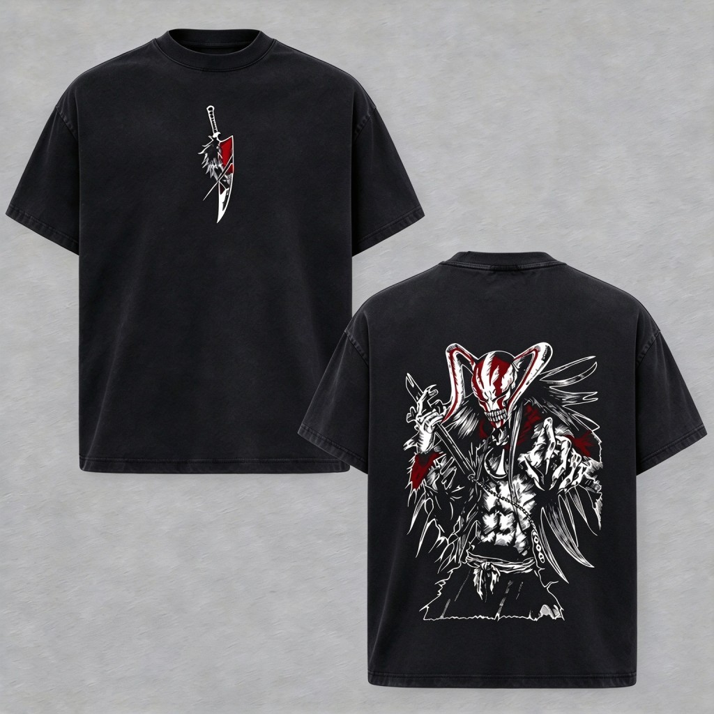 Camiseta Unissex Premium De Algodão Estilo Oversize Preto Lavado, Estampa Anime Espada E Personagem Caveira, Para Uso