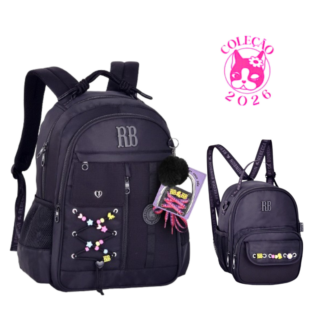 Kit Mochila de Costas com par de cadarços e Lancheira Rebecca Bonbon Beaded Fun