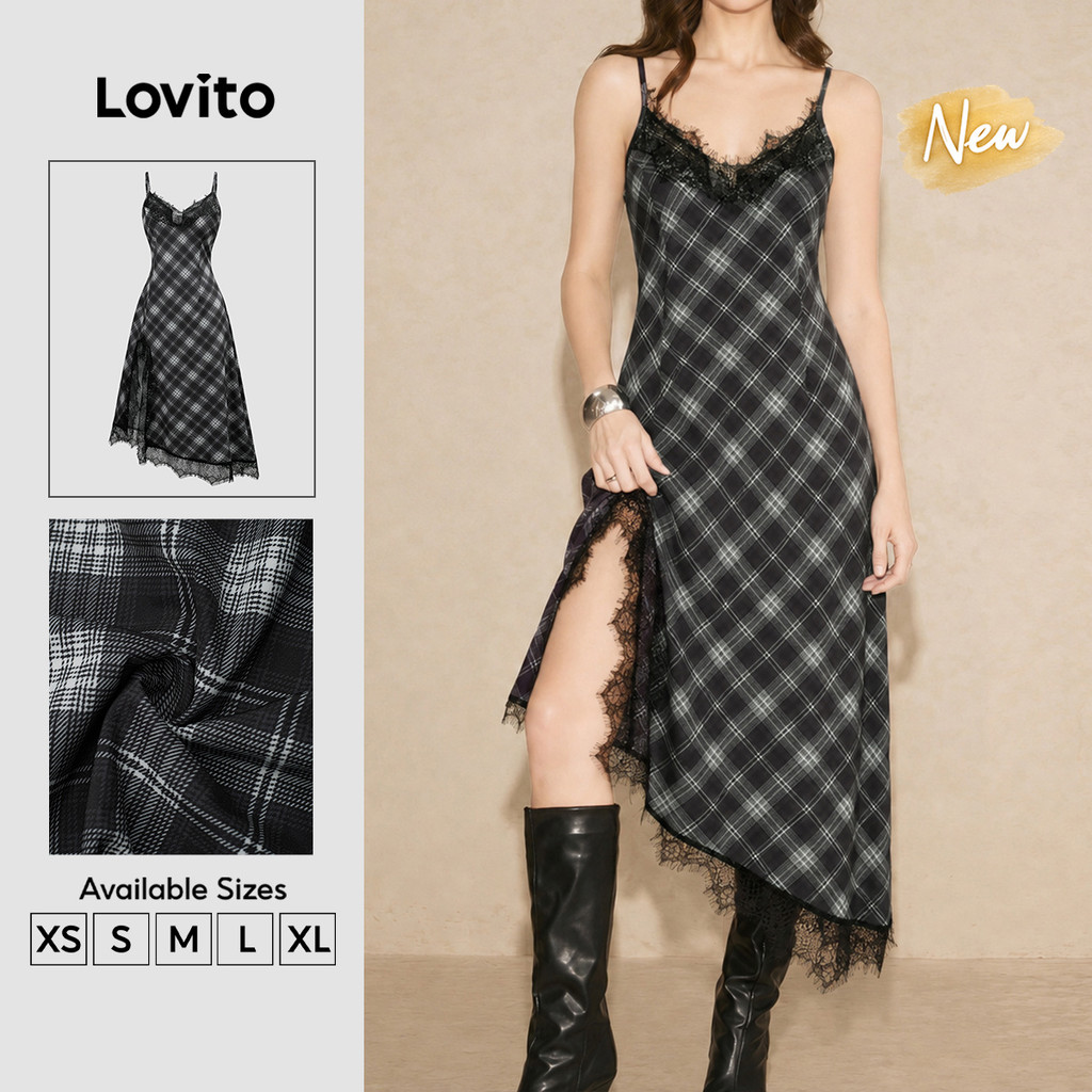 (New Arrival) Lovito Vestido Feminino Boho Longo Para primavera/verão E férias Com Renda Xadrez Vichy E Fenda Frontal Bordado DRT205P2D059