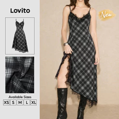 (New Arrival) Lovito Vestido Feminino Boho Longo Para primavera/verão E férias Com Renda Xadrez Vichy E Fenda Frontal Bordado DRT205P2D059