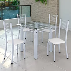 Conjunto de Jantar Mesa 75x75cm Tampo de Vidro Incolor com 4 Cadeiras Sara Yescasa Branco/Liso Branco Liso