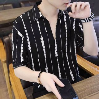 Camisa POLO masculina de manga curta verão com decote em V versão coreana na moda meia manga camiseta meia manga camisa 