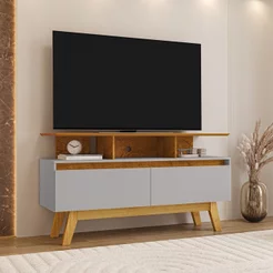 Rack para TV até 50 Polegadas MDF 120cm Pés em Madeira Maciça 2 Portas 2 Prateleiras Rubi Bege Naturalle/Off White
