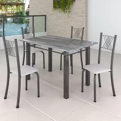 Conjunto Mesa com 4 Cadeiras Tampo de Granito Topázio Sara Yescasa Prata/Branco Liso/Mart Branco/Prata