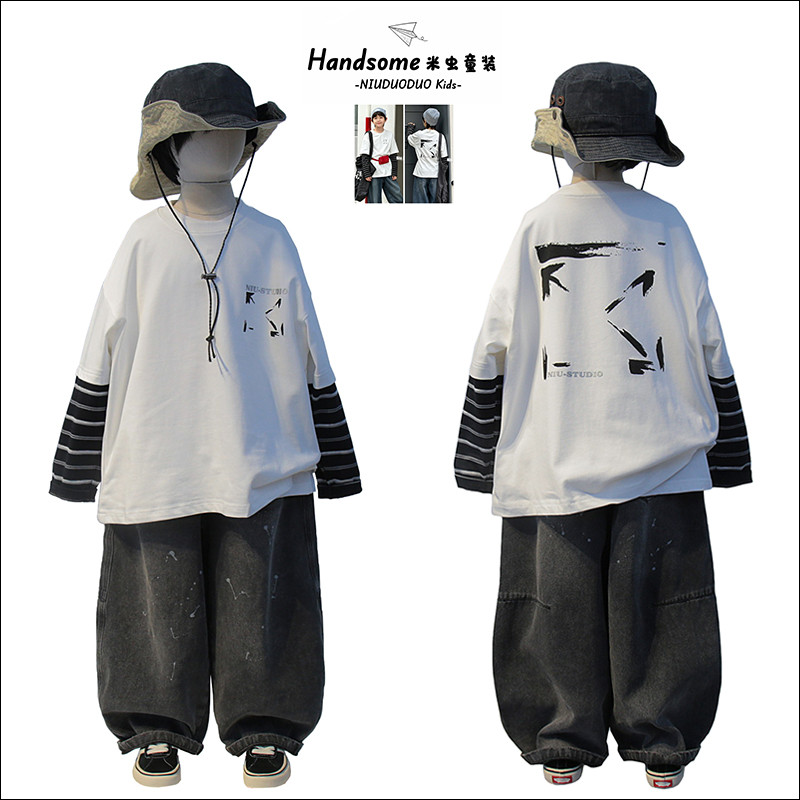 Niu Duoduo Roupas Infantis Crianças Versão Coreana Listrado Falso Duas Peças Camiseta de Manga Comprida 26 Outono Novos 
