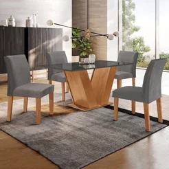 Conjunto Mesa de Jantar Tampo MDF/Vidro e 4 Cadeiras Espanha Yescasa Cinamomo/Grafite