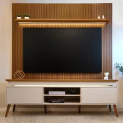 Rack com Painel para TV até 75 Polegadas com LED Impressão Ripado MDF 245CMX185CM Pinho e Off White Pinho/Off White