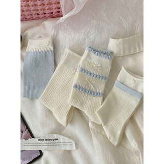 Azul branco arco meias femininas Mid-Tube meias verão estilo fino respirável coreano menina fresco estudante pilha meias
