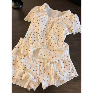 Estilo Pastoral em torno do pescoço pijamas feminino verão doce cereja impressão verão de manga curta terno de duas peça