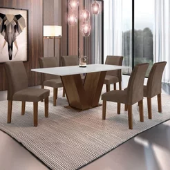 Conjunto Sala de Jantar Mesa 160x80cm Tampo MDF com 6 Cadeiras Espanha Yescasa Chocolate/Marrom/Off White