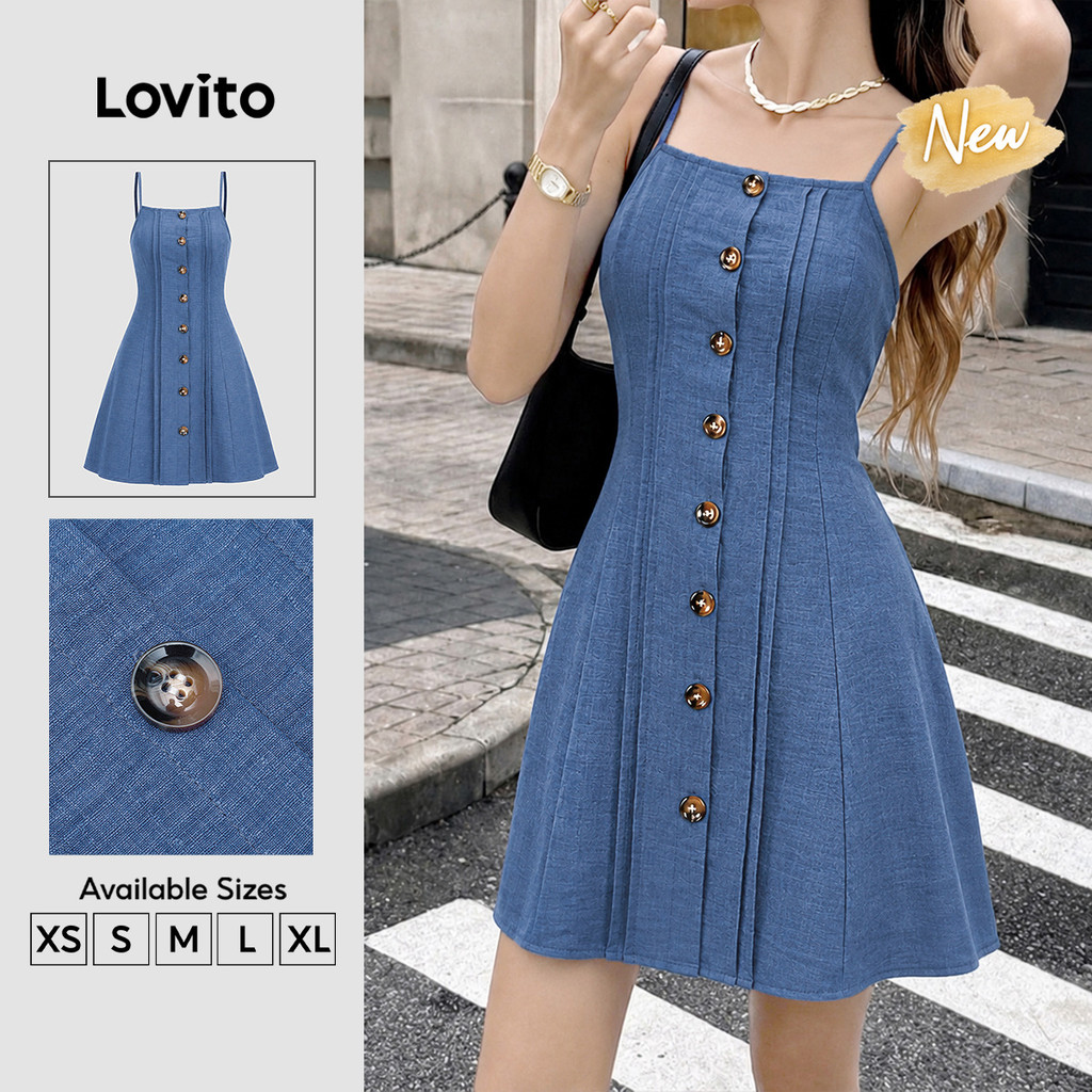 (New Arrival) Lovito Vestido Azul Feminino Casual De Lazer Com Estampa Floral Botões Frontais Pregas Estreitas Curto E Evasê Para Primavera Verão E Fins De Semana DRB205P2D717
