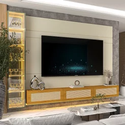 Estante Home para TV até 85 Polegadas com LED Vidro Reflecta e Portas Rattan 100% MDF 217,6CMX255,2cm Luminare Native