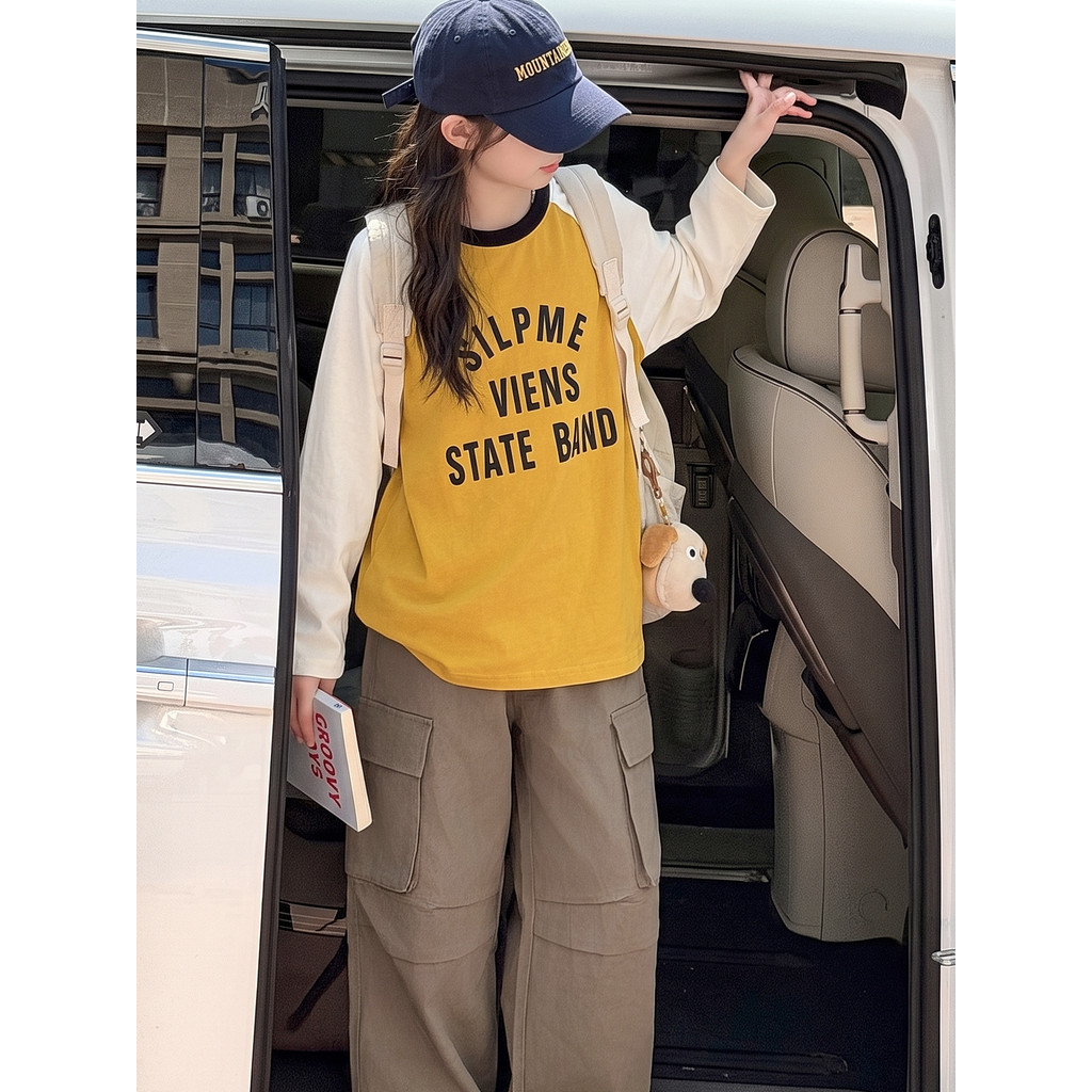 Meninas roupas de outono manga comprida cor-bloqueando camiseta 2026 novo estilo moda crianças primavera outono estilo g