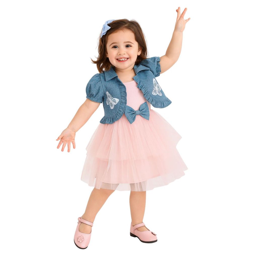 Conjunto Infantil Vestido Rosa Casaquinho Jeans Borboletas em Oferta na Shopee