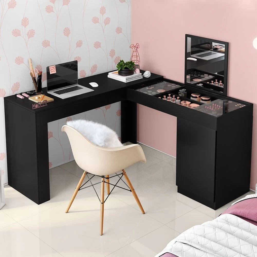 Escrivaninha Mesa Escritório Penteadeira de Canto 136x136cm com Espelho 1 Porta Star Preto em Oferta na Shopee