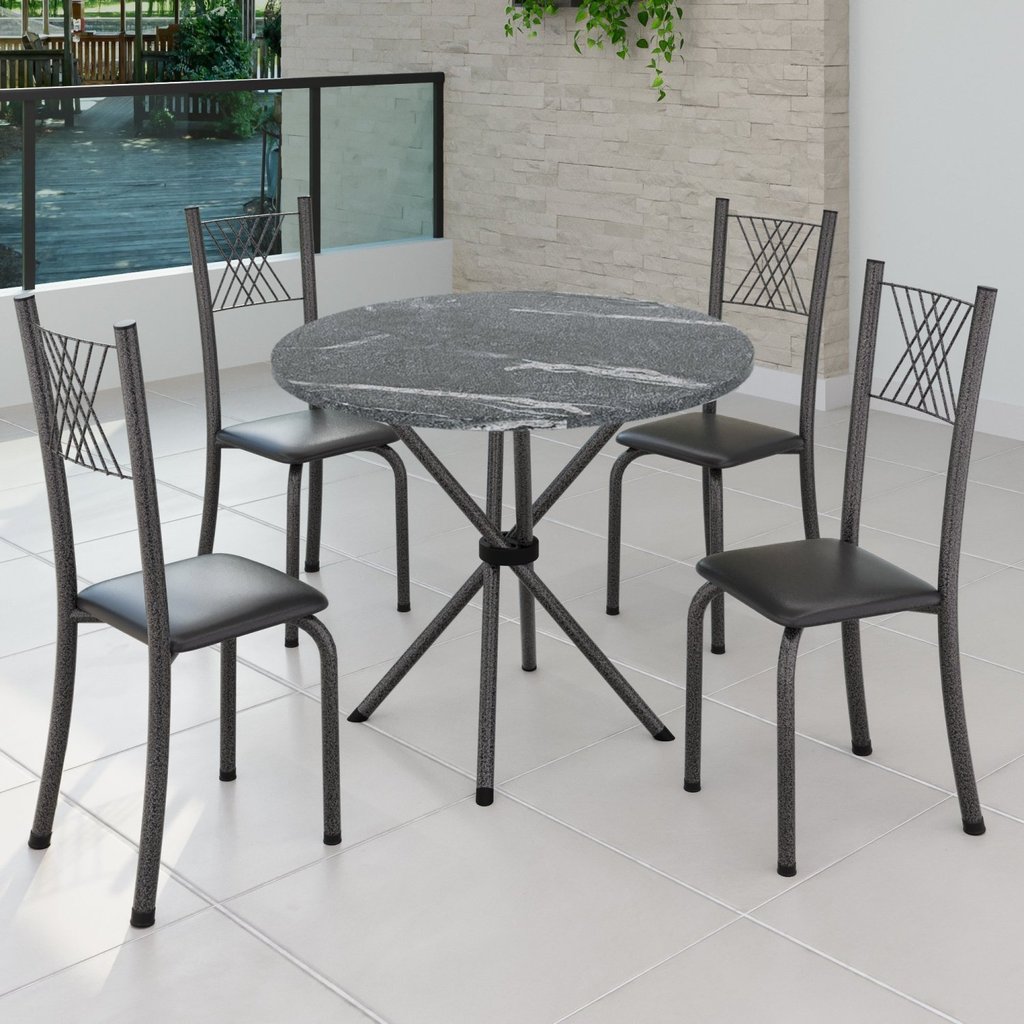 Conjunto de Jantar Mesa Tampo Redondo de Granito Topázio com 4 Cadeiras Sara Yescasa Preto Liso/Mart Prata em Oferta na Shopee