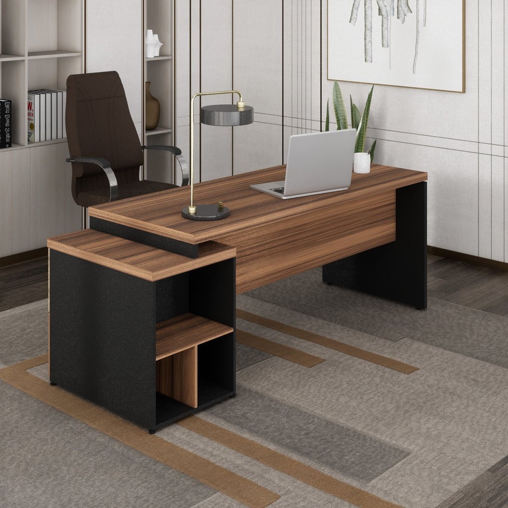 Escrivaninha Mesa Escritório Diretor com Gaveteiro Pé Painel 192x70cm Preto/Marrom em Oferta na Shopee