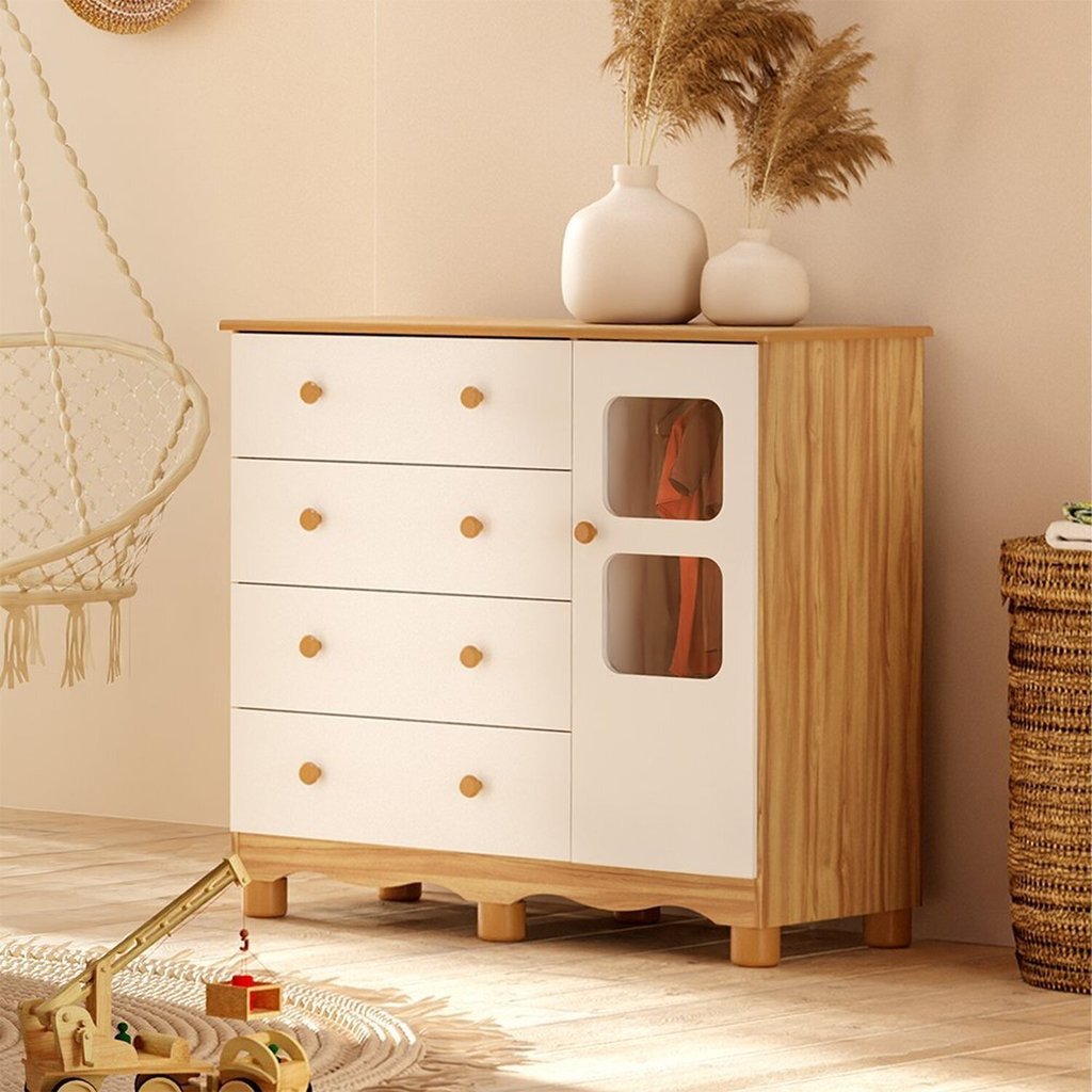 Cômoda Infantil 95cm 1 Porta com Janela e 4 Gavetas Mimo 100% MDF Espresso Móveis Branco Brilho/Amêndoa em Oferta na Shopee