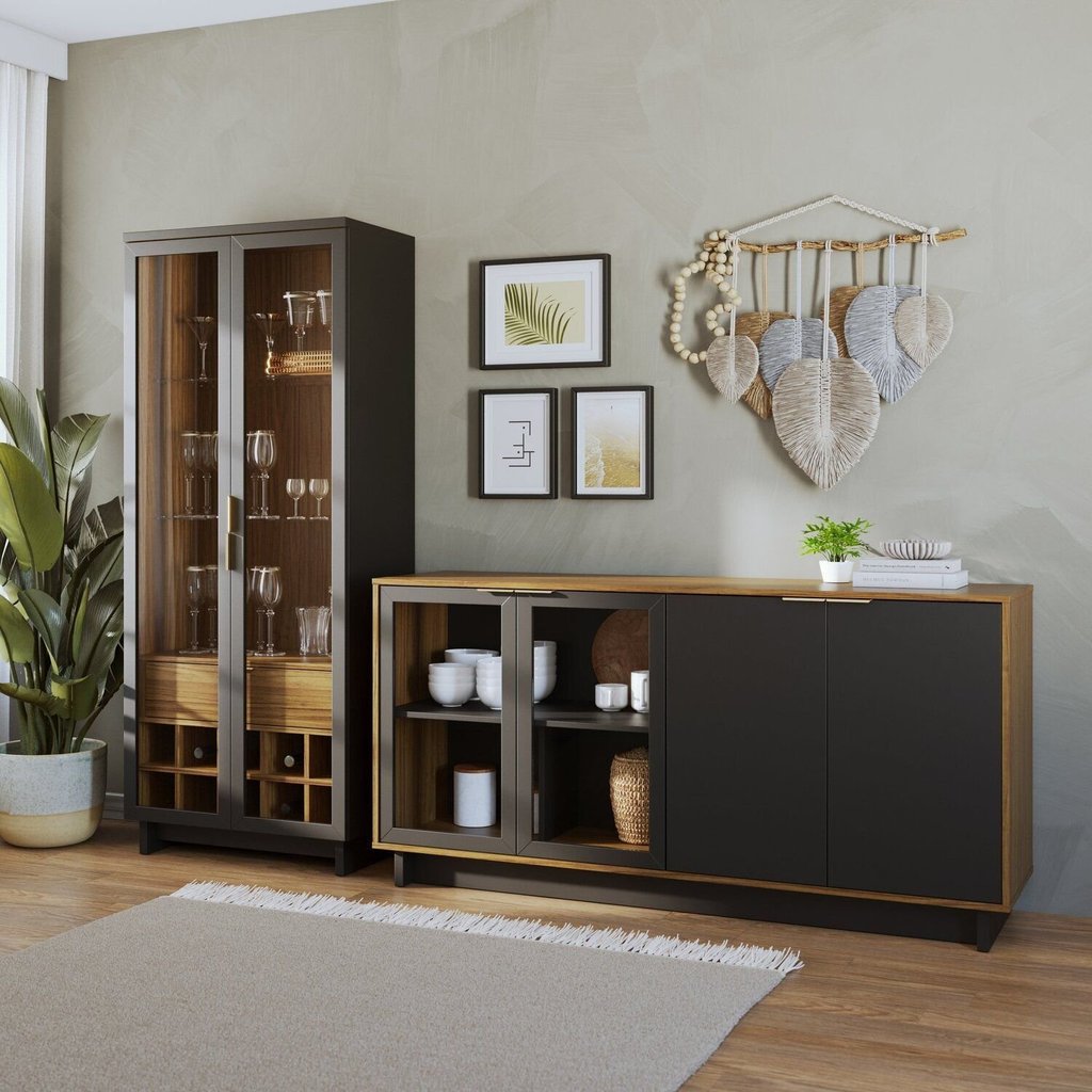 Conjunto Cristaleira 2 Portas de Vidro Guanabara com Led e Buffet Sala de Jantar 4 Portas Vitória Preto Fosco/Noce em Oferta na Shopee