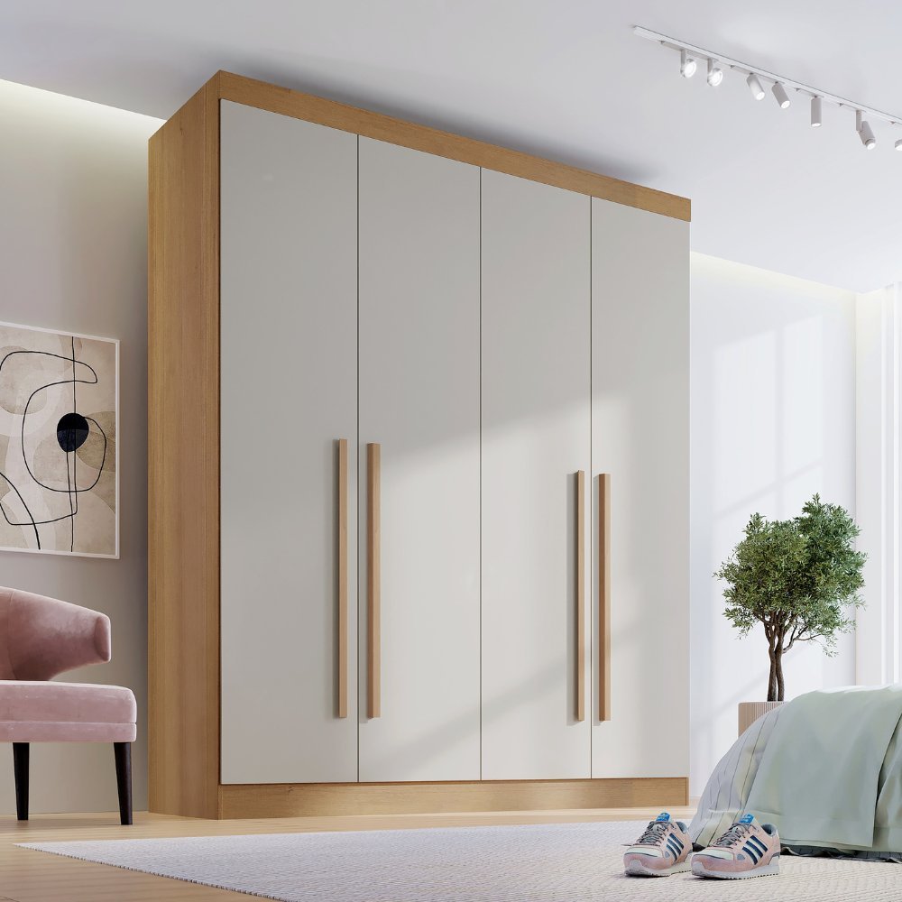 Guarda Roupa Solteiro MDF 4 Portas 3 Gavetas Paris Plus Cinamomo/Off White em Oferta na Shopee