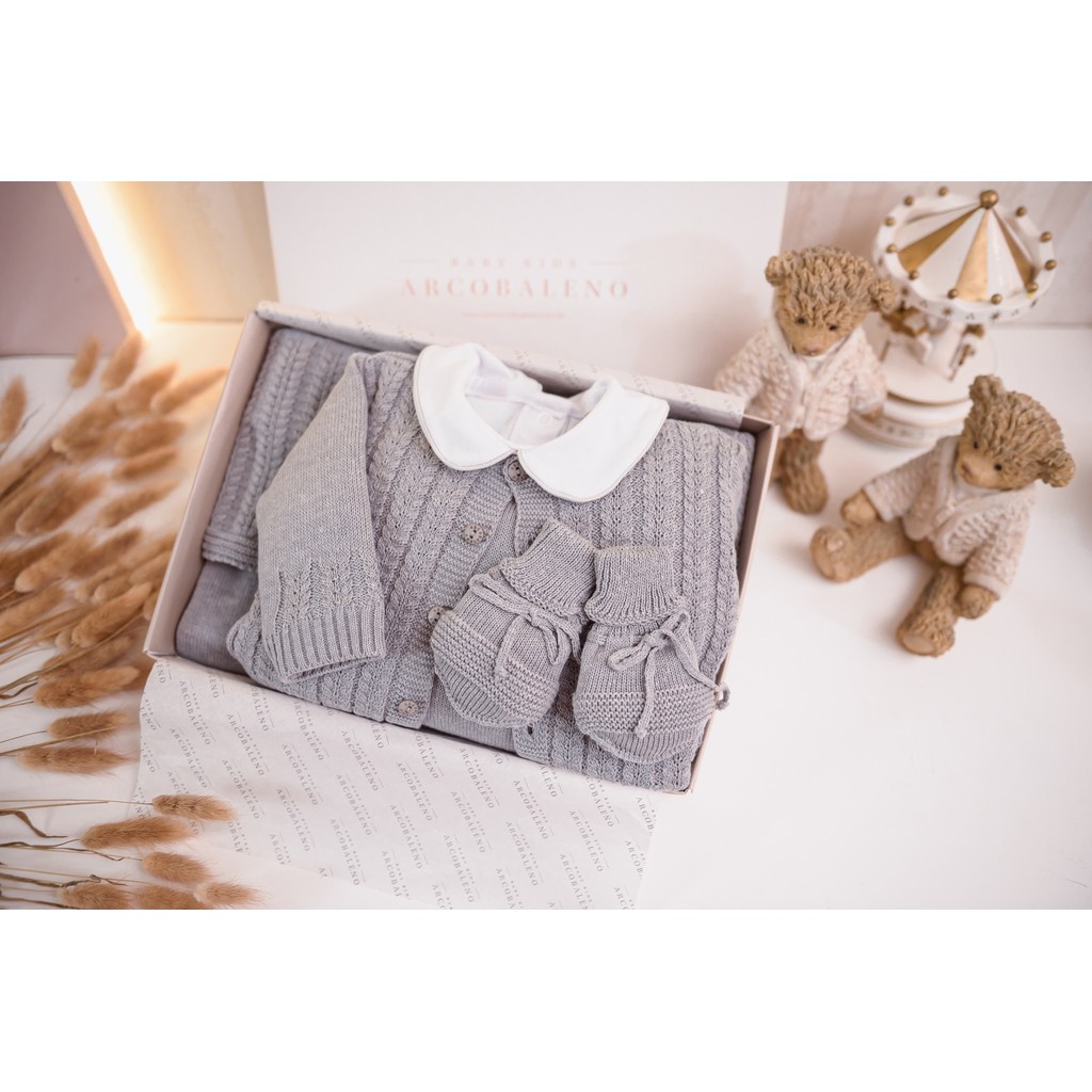 Kit Saída Maternidade Tricô 5 Pç Baby Boy Escocês Azul Claro Premium RN Arcobaleno
