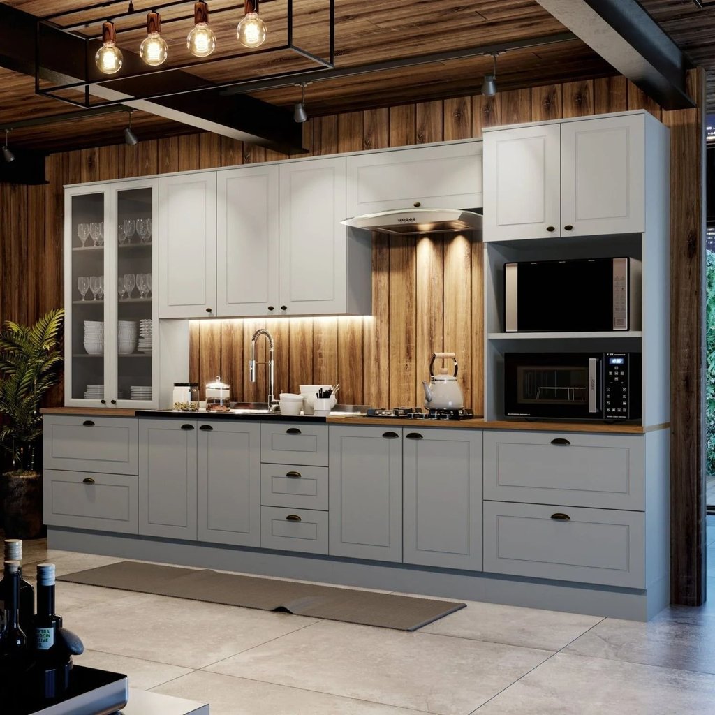 Cozinha Completa 6 Peças com Cristaleira Emily Espresso Móveis Cinza/Nature em Oferta na Shopee