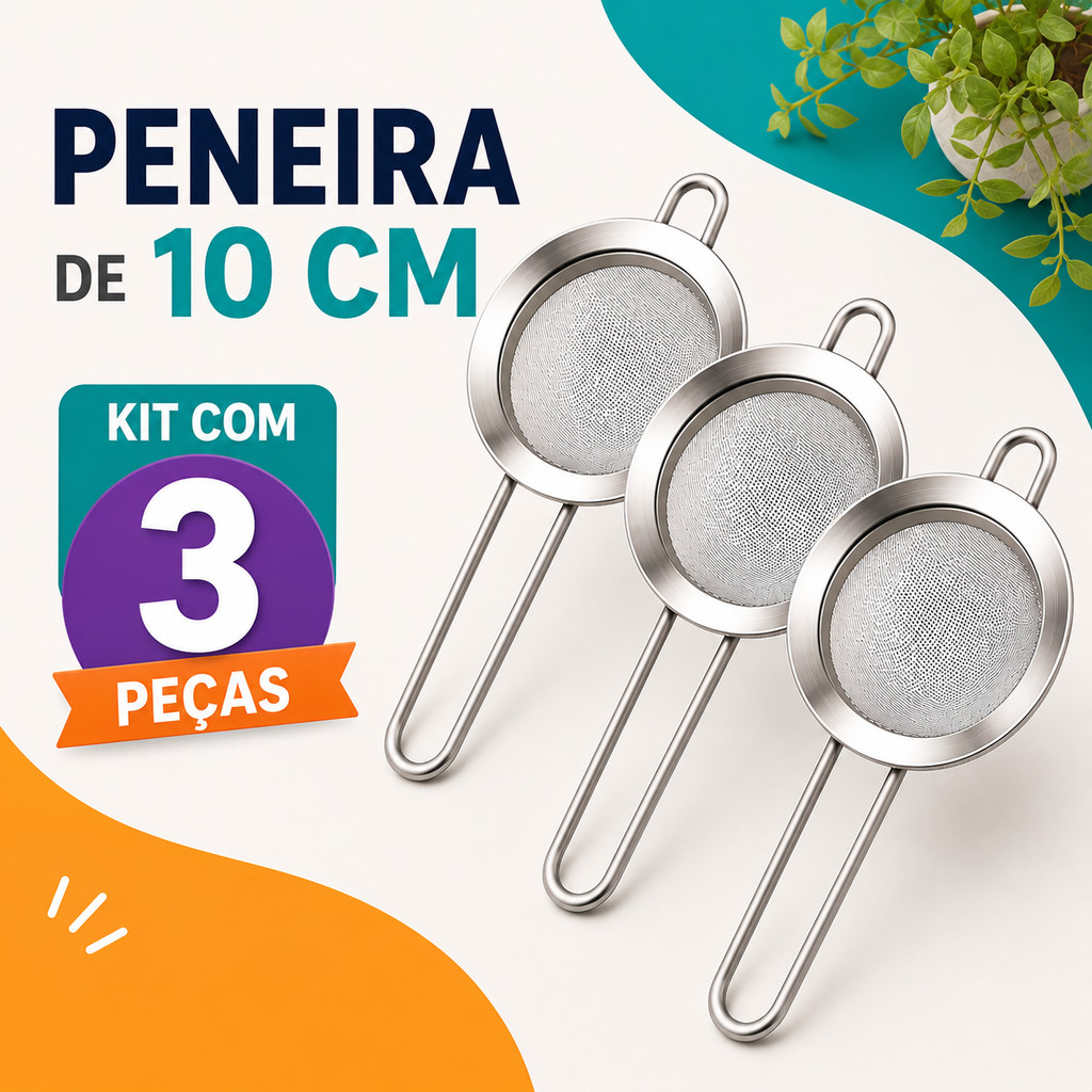 Jogo Peneiras Coador Manual Aço Inox 10cm 1 2 ou 3 Unidades Para Uso na Cozinha, Restaurante e Padaria