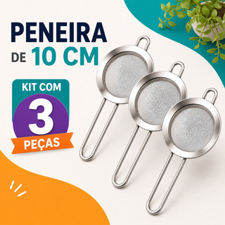 Jogo Peneiras Coador Manual Aço Inox 10cm 1 2 ou 3 Unidades Para Uso na Cozinha, Restaurante e Padaria