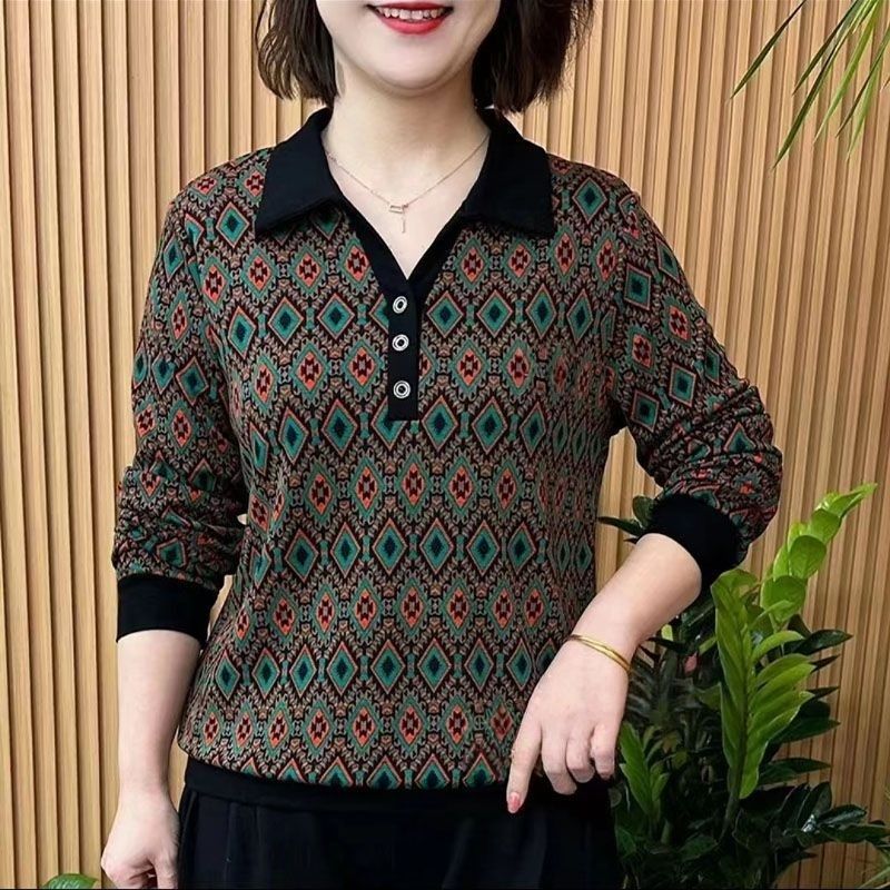 Primavera outono novo estilo elegante alemão veludo lapela manga comprida camiseta feminina estilo ocidental All-Match m