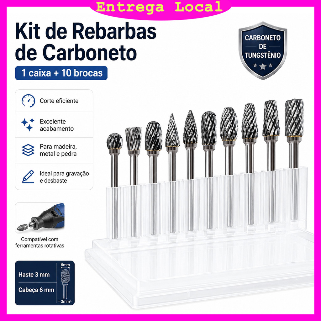 Kit Lima Rotativa Tungstênio 10 Pontas para Rebarbar Lixar Gravar Polir Metal Madeira