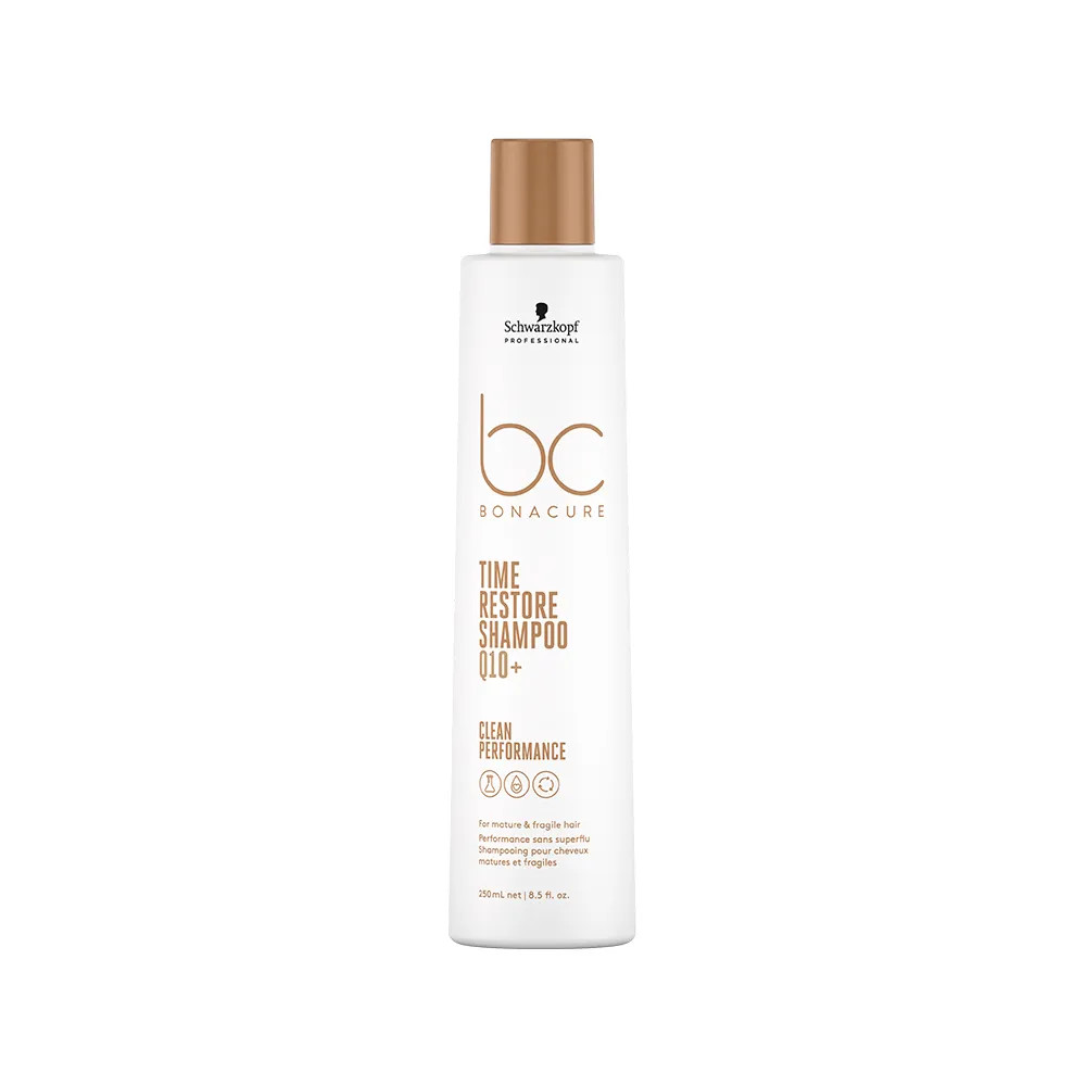 Frasco de 250ml do Shampoo Schwarzkopf Bonacure Time Restore Q10+ com tampa dourada sobre fundo branco