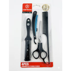 Kit Barbeiro 4 Peças Aço Inox Premium Tesoura+Navalhete+Navalha+Pente