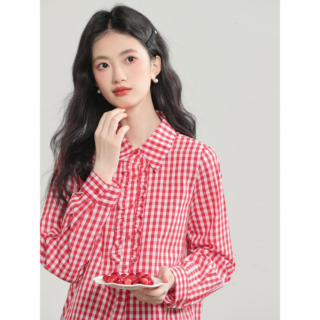 Lingjiu 2026 novo estilo francês babados xadrez camisa feminina primavera Design estilo ocidental vermelho xadrez topo f