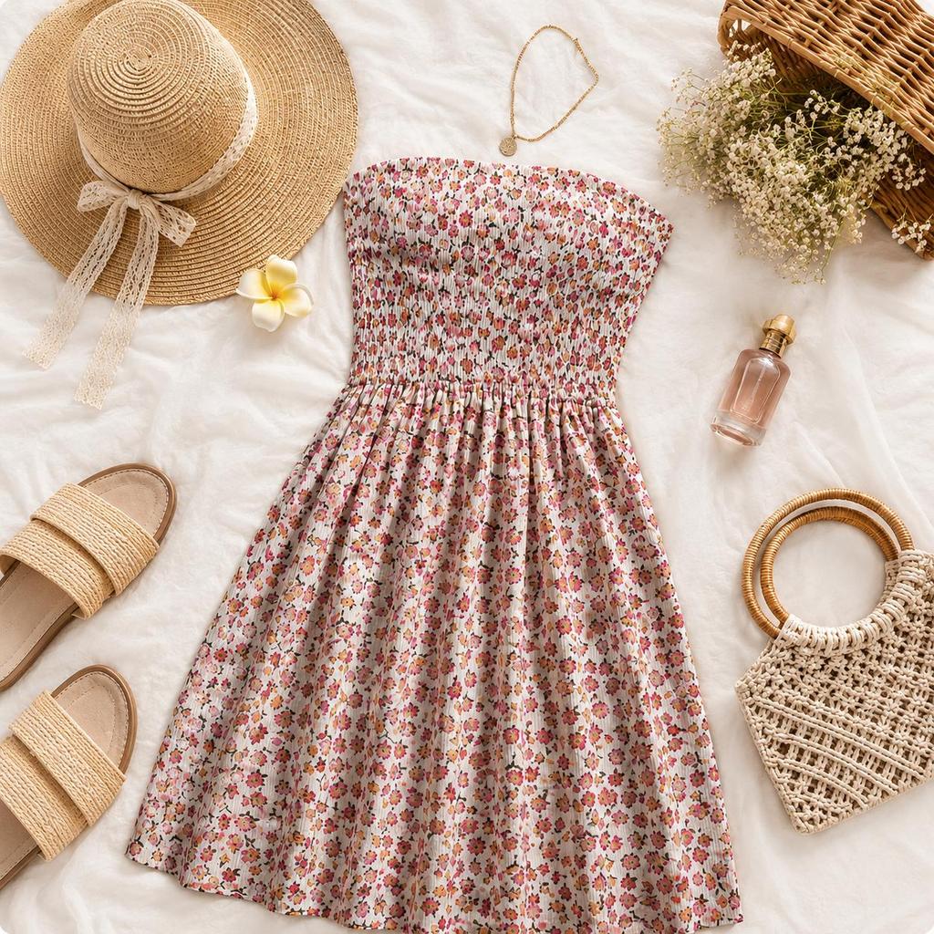 Vestido Curto Tomara Que Caia Floral Jardim Feminino Lastex Verão Moda Casual 2026 - ENVIO RÁPIDO