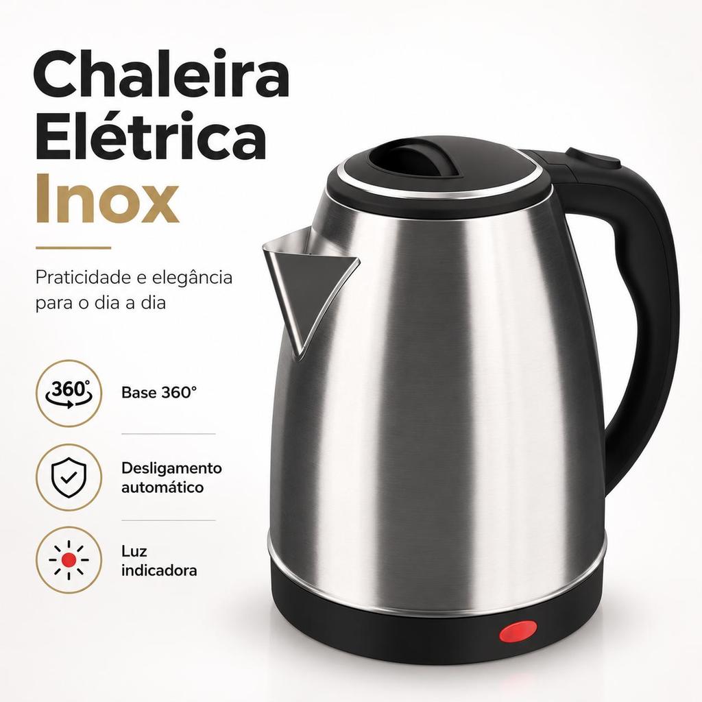 Chaleira Elétrica Inox 110V com Base 360°, Tampa com Trava de Segurança, Desligamento Automático e Luz Indicadora