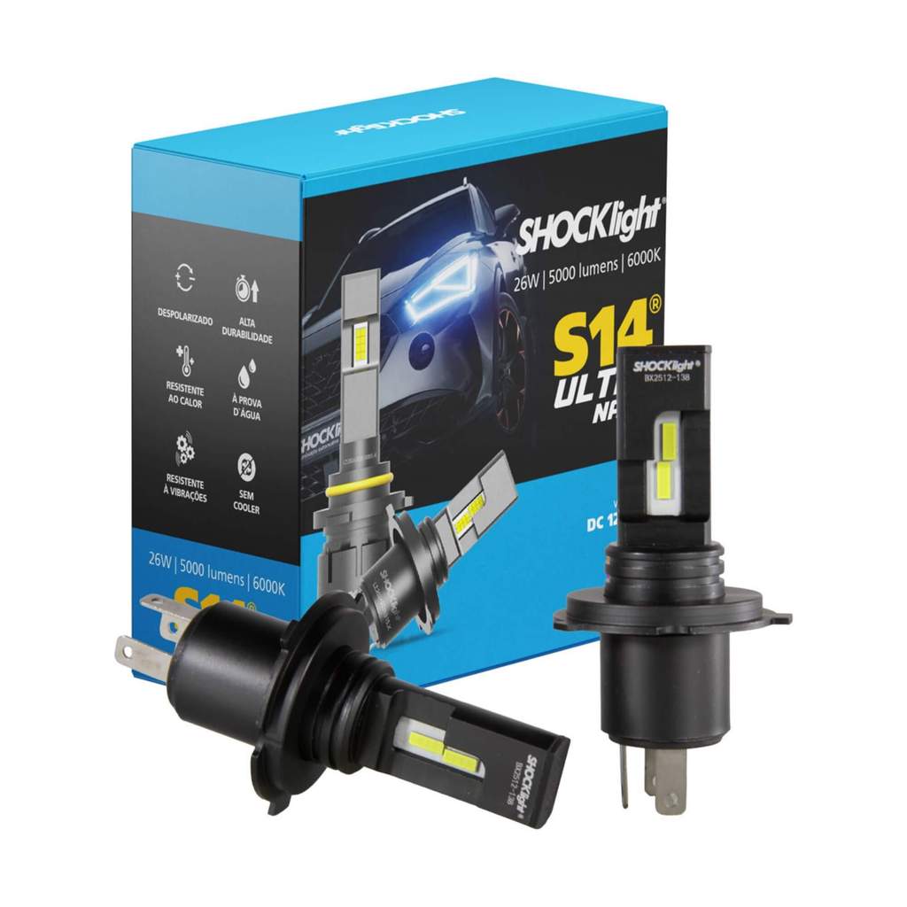 Par de Lâmpadas Led S14 Ultra Nano H4 6000K 5000 Lumens 12V Shocklight - SLL-140004U