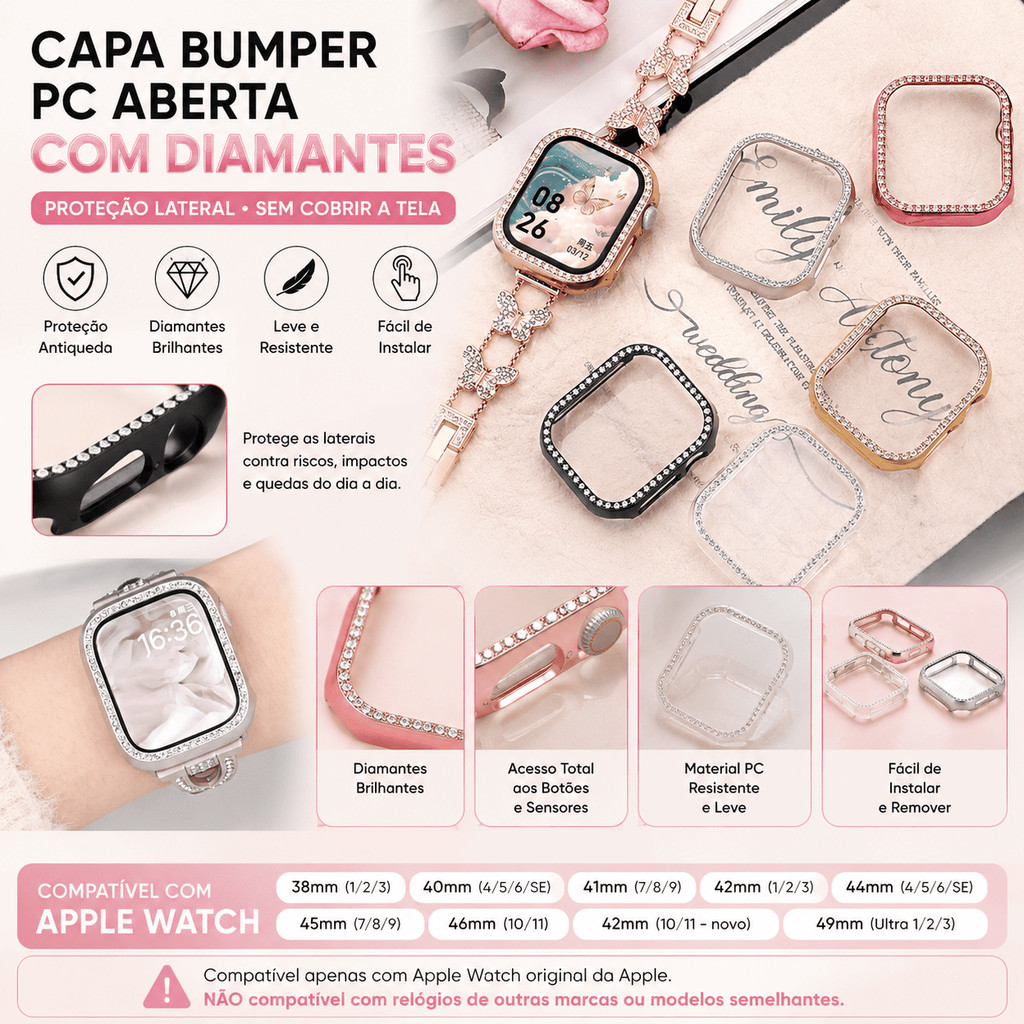 Case Apple Watch com Diamantes Antiqueda PC Aberta Series 11 10 9 8 7 6 5 4 3 2 1 SE 38 40 41 42 44 45 46 49mm