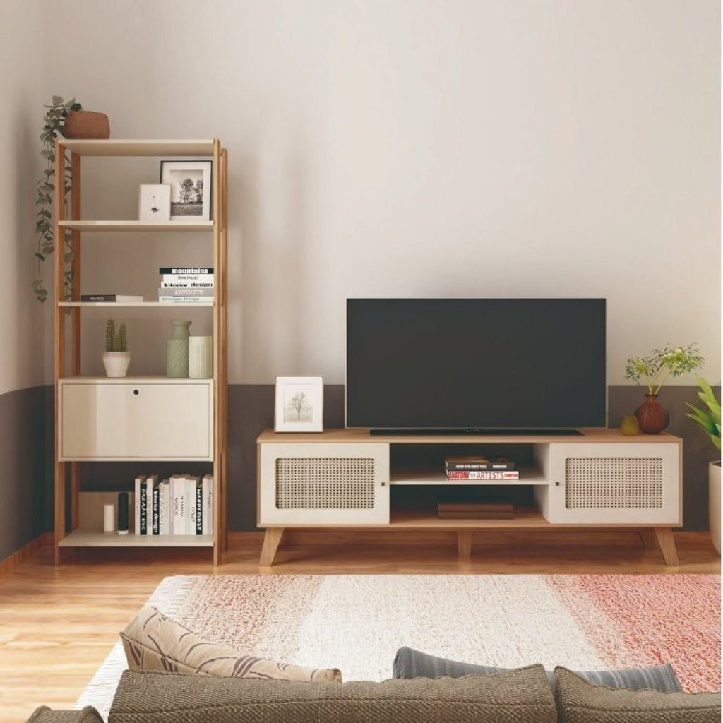 Rack para TV até 75 Polegadas 180cm Kit 2 Peças Charlotte com Estante Match Bege