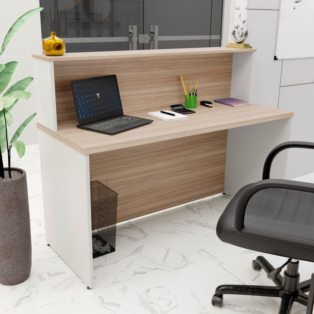 Balcão Atendimento Recepção Consultório 140x60cm Bege/Carvalho/Branco Carvalho/Branco