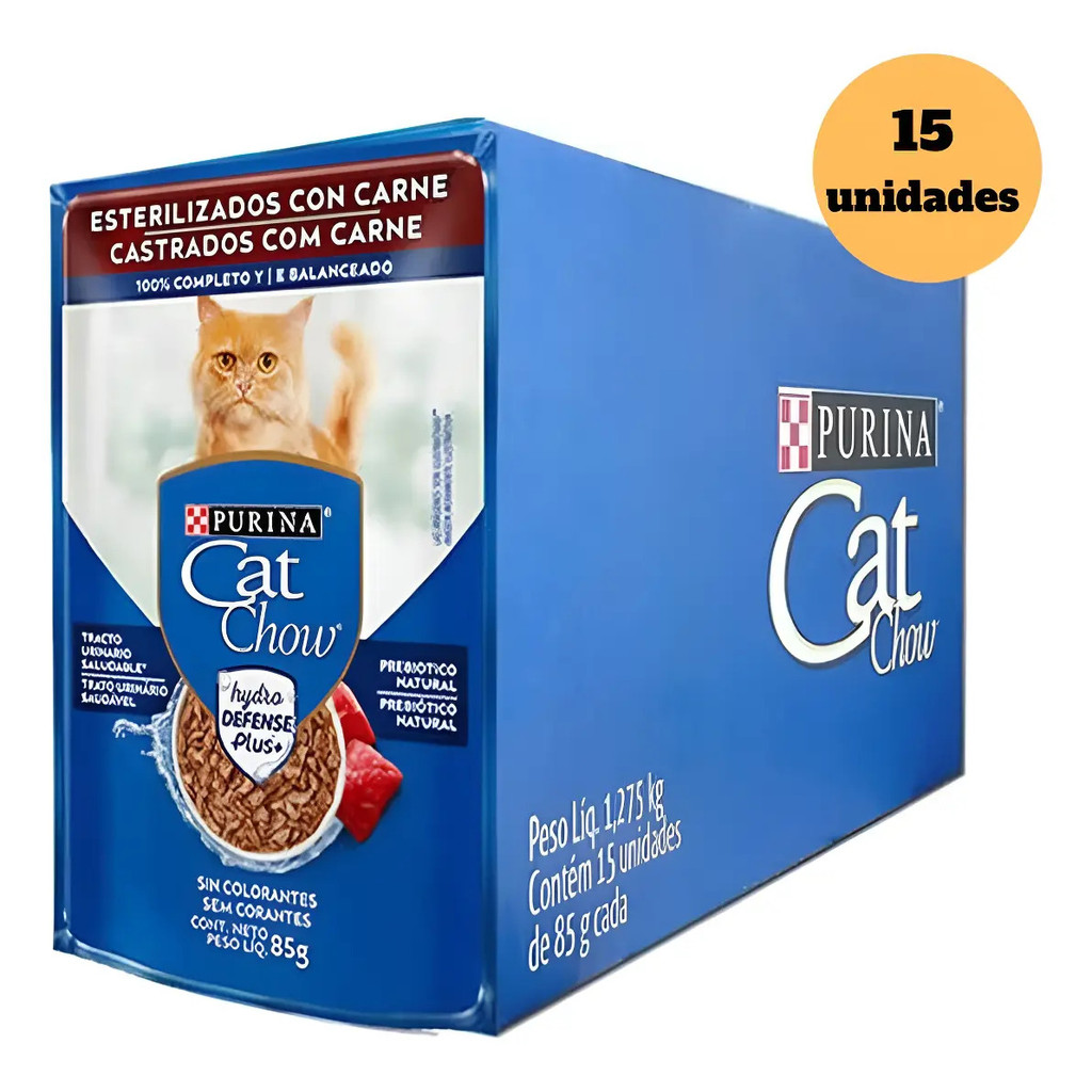 Ração Úmida Gatos Cat Chow Carne Castrado Sachê 85g 15un