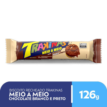 Biscoito Recheado Trakinas Meio a Meio chocolate ao leite e branco