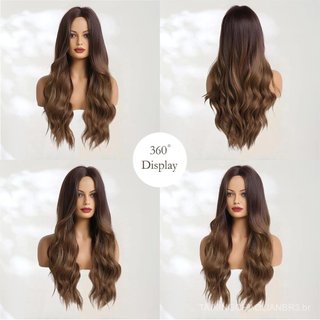 Peruca Longa Ombre Marrom Ondulada para Mulheres, 26 Polegadas, com Divisão Central, Encaracolada, Encantadora, Sintétic